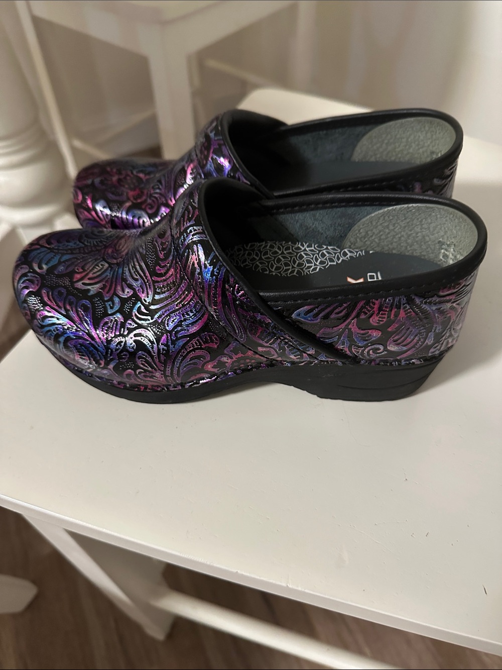 Dansko Shimmering Iridescent Paisley Clogs in Purple and Black